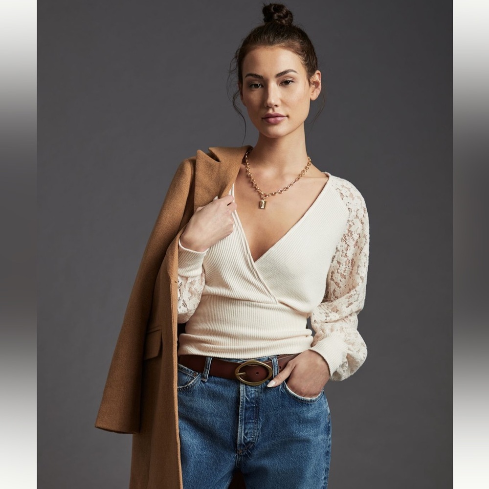Anthropologie Lace Sleeve Surplice Sweater Top